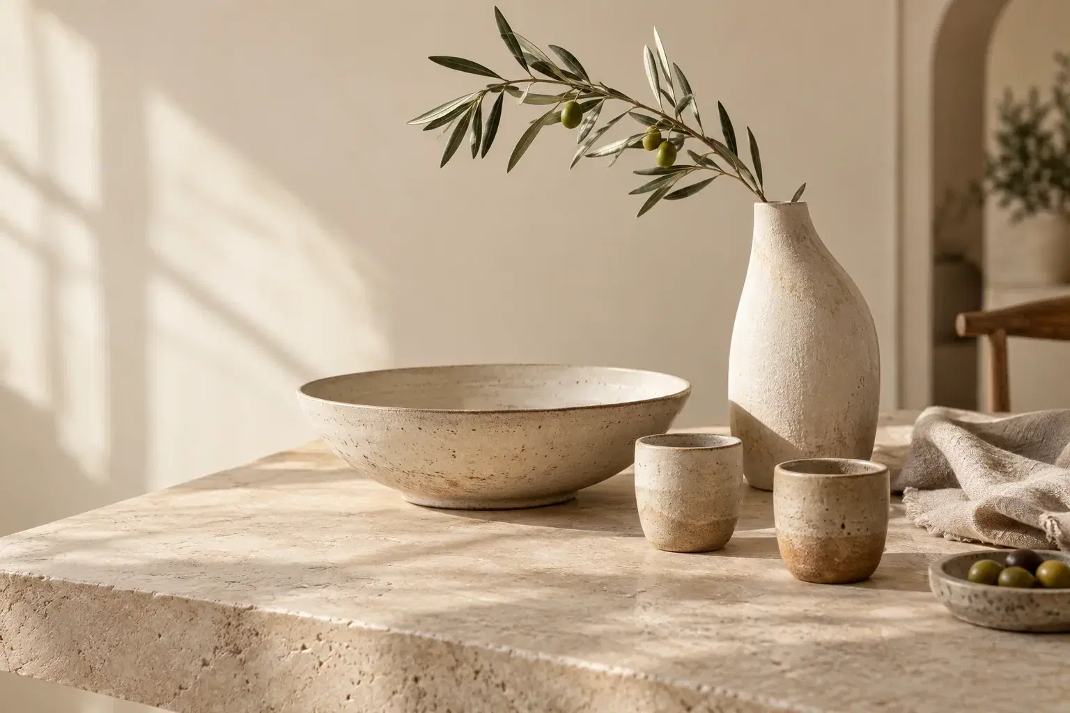 Handmade ceramics arranged on a warm stone table