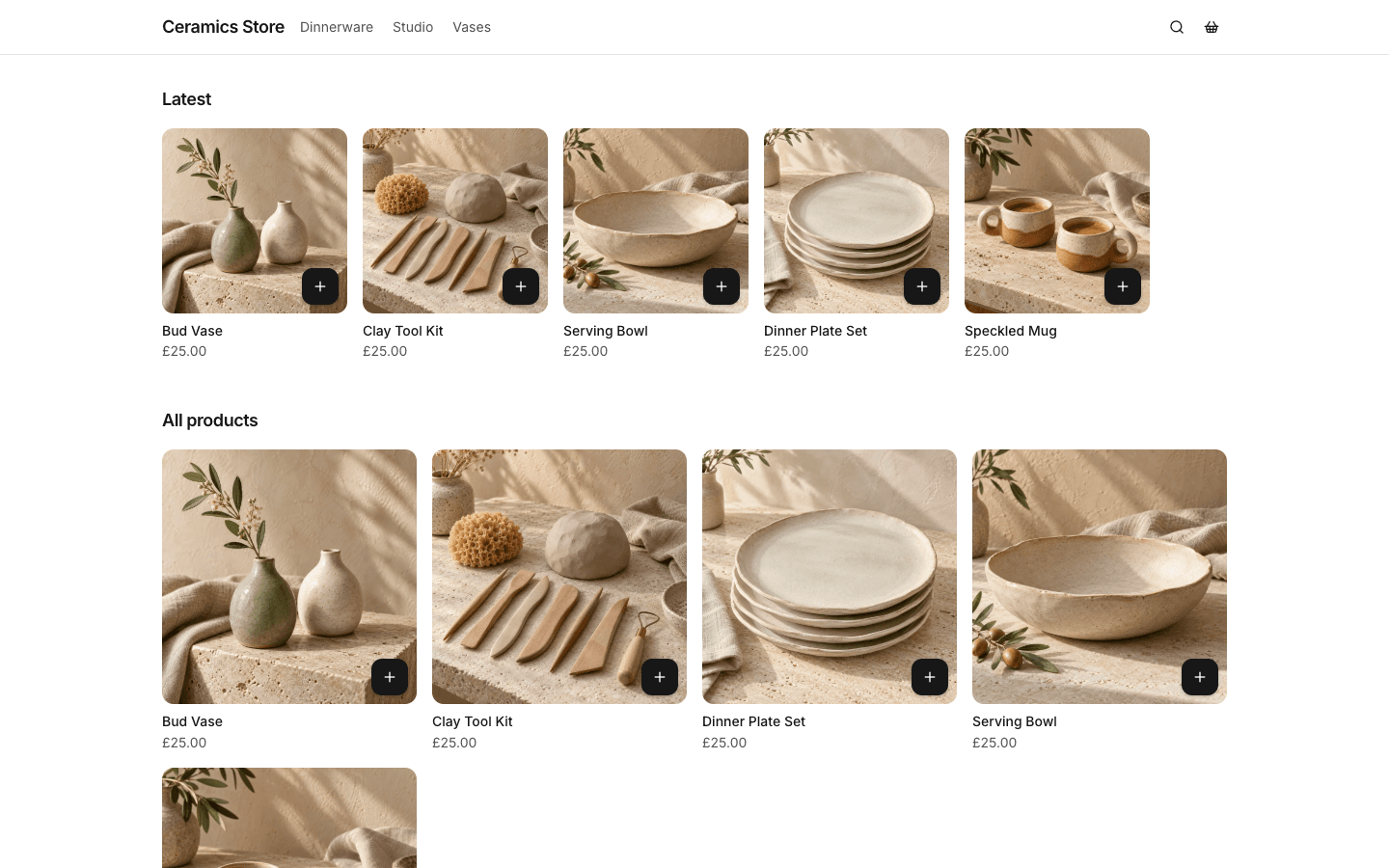 Desktop Ceramics Store storefront showing five handmade products with photographs and prices